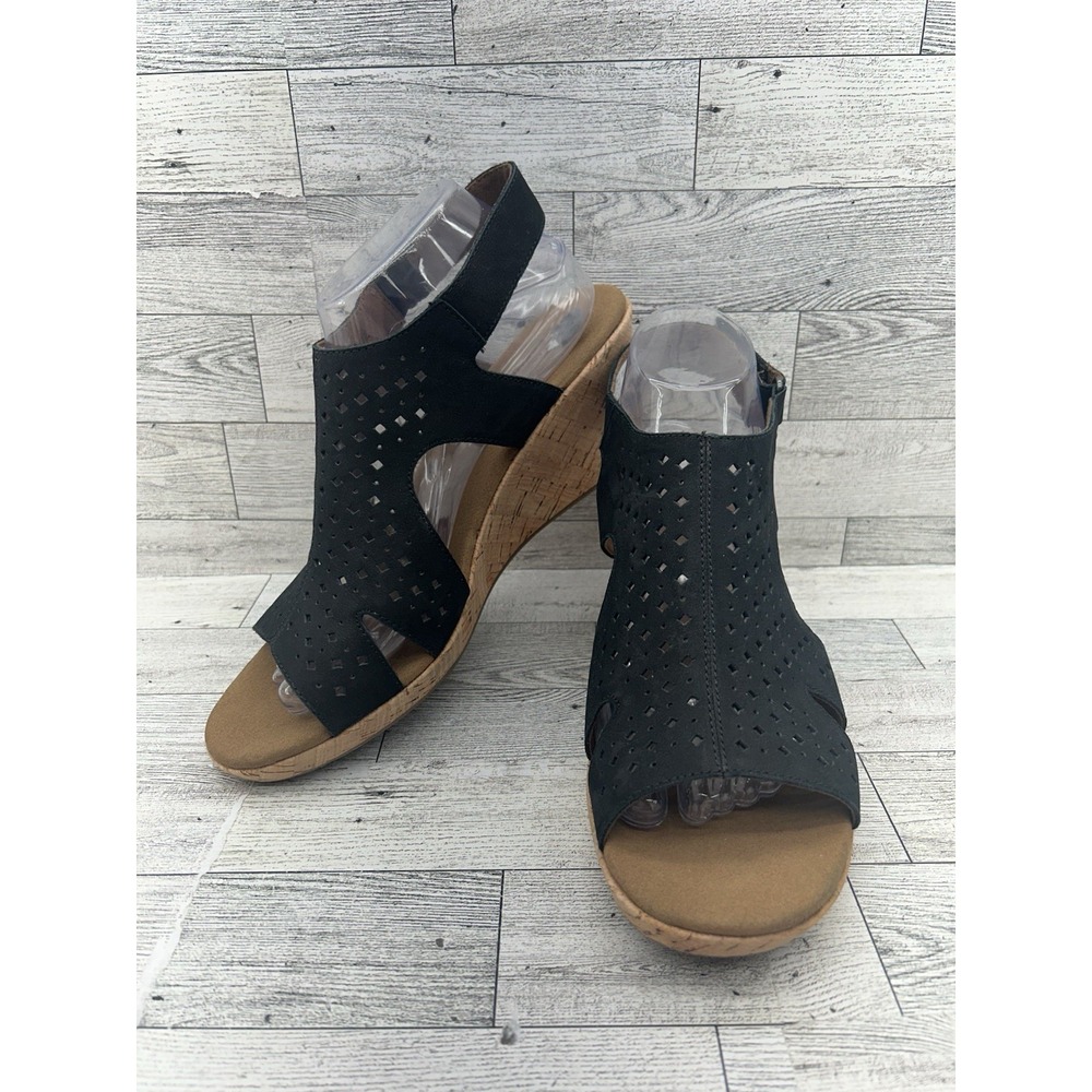 Womens Rockport Briah Hood Slingback Open Toe Wedge Suede Sandals Black Size 10
